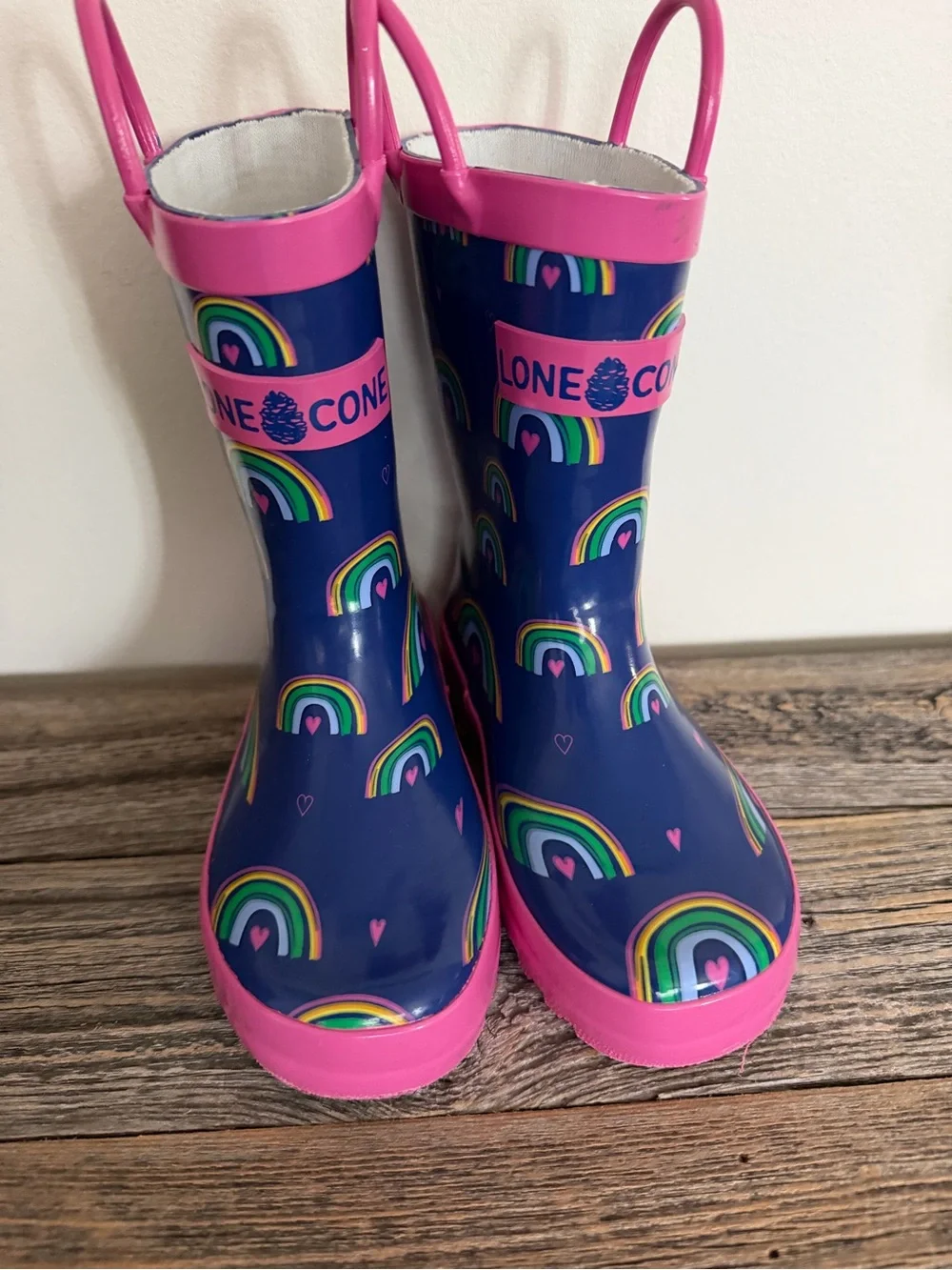 Girls Navy Rainbow Print Rain Boots with Pink Trim